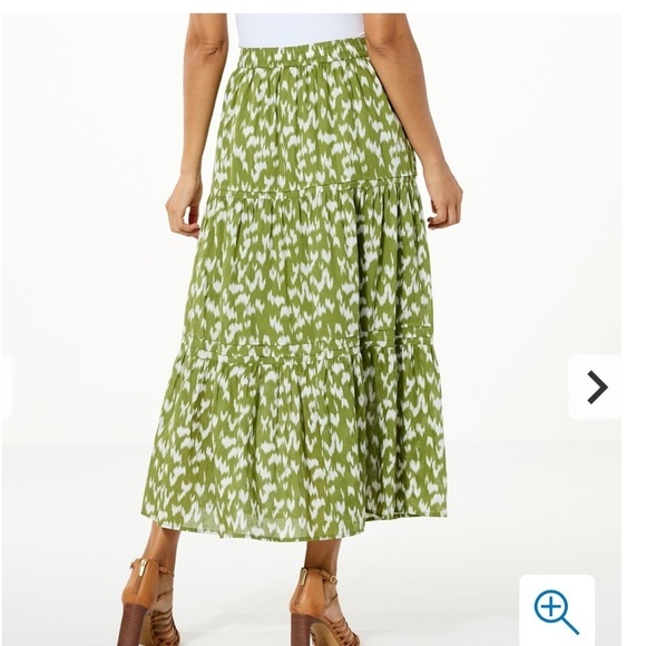 Antthony HSN Green White Ikat Print‎ 100% Cotton Tiered Skirt w/Pockets Sz L - Picture 3 of 13